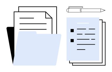 Bir yığın kağıt ve kalem içeren klasör belge organizasyonunu, verimliliği ve kayıt tutulmasını sembolize ediyor. Ofis iş akışı, yönetim, veri yönetimi, eğitim, sözleşmeler, çalışma alanı için ideal