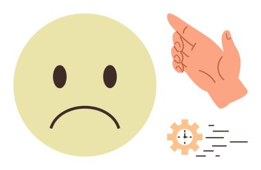 Hüzünlü yüz ifadesi, işaret eden el hareketi ve vites içinde saat. Geri bildirim, zaman baskısı, duygular, verimlilik, tatminsizlik iletişimi için ideal. Basit bir daire.