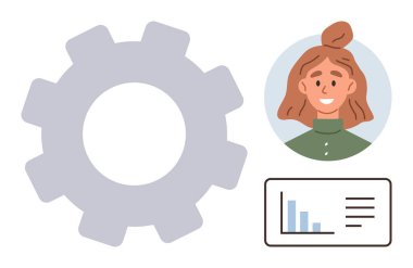 Ekip ikonu, kadın avatar ve bar grafiği takım çalışması, verimlilik, veri yönetimi ve teknoloji işbirliğini gösteriyor. İş akışı, optimizasyon, veri güdümlü karar takım çalışması verimliliği için ideal