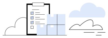 Yığılmış kargo kutuları ve asgari bulutların yanında işaretli kutular olan kontrol listesi. Lojistik, yapılacaklar listesi, depo planlaması, envanter kontrolü, nakliyat, üretkenlik, basit düz metafor