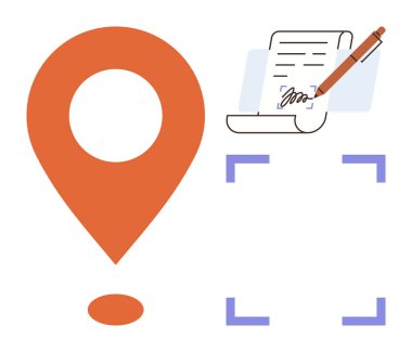 Büyük turuncu konum işaretleyici, imzalı ve kalemli belge, odak parantezleriyle çevrili. Yer belirleme, sözleşmeler, e-imzalar, belgeler, yasal verimlilik için ideal. Basit düz