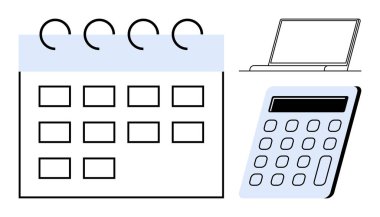 Zaman yönetimini, finansal planlamayı ve dijital organizasyonu temsil eden takvim, dizüstü bilgisayar ve hesap makinesi. İş, eğitim, verimlilik, bütçe planlama ofisi işleri için idealdir
