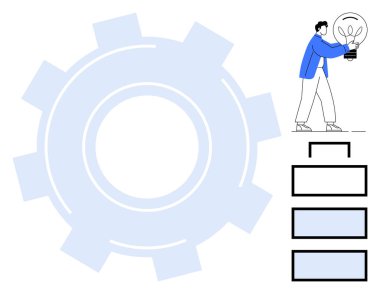 Ampulü büyük teçhizatın yanında tutan kişi ve üç adet istiflenmiş dikdörtgen. Yenilik, takım çalışması, strateji, süreç yönetimi, teknoloji, kavramsal tasarım, iş planlaması için idealdir. Basit düz