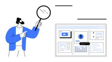 Elinde büyüteç tutan kişi ekranları çizelgeler, küçük resimler ve arama elemanlarıyla inceliyor. Analiz, araştırma, soruşturma, çalışma, optimizasyon, veri yönetimi şeffaflığı için ideal
