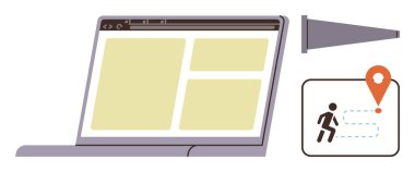 Web sayfası düzenine sahip dizüstü bilgisayar, keşif için teleskop, kişi ile yön bulma simgesi ve konuma giden noktalı yol. Teknoloji, keşif, navigasyon, dijital pazarlama, araştırma ve analitik için ideal