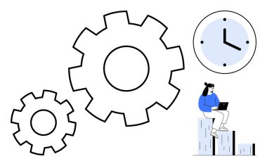 Büyük vitesler, saat ve bir bar grafiğinde çalışan kişi verimliliği, zaman yönetimini, iş akışını sembolize ediyor. Üretkenlik, takım çalışması, son teslim tarihleri optimizasyon planı için ideal