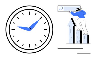 Geniş saat yüzlü ve mavi elli bir adam arama aracı kullanarak büyüme oklarına tırmanıyor. Zaman yönetimi, verimlilik, başarı, iş büyümesi, hedefler, planlama, verimlilik için idealdir. Basit.