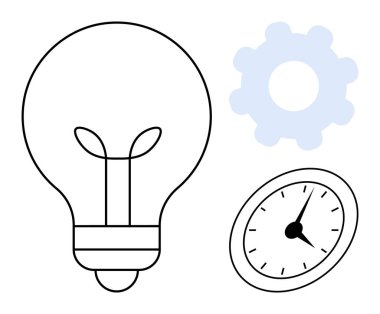 Fikirler için ampul, işlemler için teçhizat ve zaman yönetimi için saat. Yenilik, planlama, verimlilik, verimlilik, yaratıcılık, iş akışı takım çalışması için idealdir. Temiz ve basit düz metafor