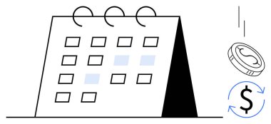Vurgulanmış tarihli spiral takvim, hareket halindeki para ve dönen dolar simgesi. Finans, bütçe, program, tasarruf, abonelik ödeme planları ve para yönetimi için ideal. Basit.