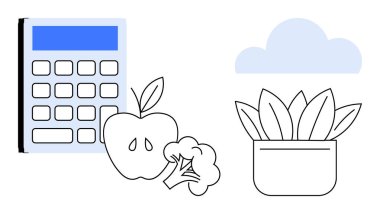 Hesap makinesi, elma, brokoli, saksı bitkisi ve bulut kaynaştırma refahı, doğa ve verimlilik. Sağlık için ideal, sürdürülebilirlik eğitimi için bütçe, doğa bakımını bilinçlendirme ve sağIık için basit bir