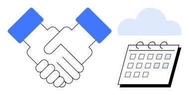 Takım çalışması, zaman yönetimi ve dijital planlamayı temsil eden bir takvim ve bulutun yanında işbirliğini sembolize ediyor. İş anlaşması, ortaklık, sözleşme, takvim, takım çalışması için ideal