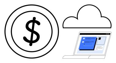 Çevrimiçi belge arayüzü olan bulut ve dizüstü bilgisayarın yanında dolar işareti. Çevrimiçi bankacılık, veri depolama, bulut hizmetleri, ticari yenilik, sanal yönetim, finans, teknoloji için ideal. Basit düz
