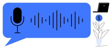 Konuşma balonunda ses dalgaları olan mikrofon, dizüstü bilgisayar, dolar işaretli bozuk parayla saksı bitkisi. Podcast, yayın, iletişim, yaratıcılık, içerik yaratma teknolojisi için ideal. Basit.