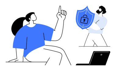 Kadın dizüstü bilgisayarın yanında yukarı bakarken, adam kalkanı asma kilitle tutuyor. Siber güvenlik, çevrimiçi gizlilik, veri koruması, takım çalışması, karar verme, iletişim, basit düz metafor