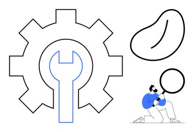 Ana hatları anahtar, soyut şekiller ve büyüteçle inceleyen kişi. Yenilik, mekanik, mühendislik, araştırma, sorun çıkaran optimizasyon ve keşif için ideal. Basit.