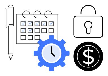 Kontrol listesi takvimine sahip kalem, saat, güvenlik kilidi ve dolar işaretli mavi dişli planlama, verimlilik, güvenlik, finansal verimlilik, zamanlayıcılık, tasarruf iş akışı optimizasyonunu temsil eden