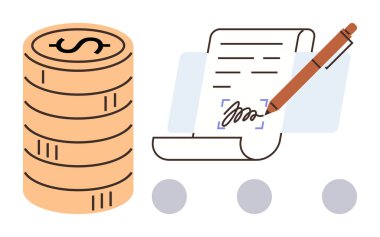 Dolar yığını, el yazısı ve kalemle sözleşme, finans, anlaşma, yatırım, bütçe, ödeme, pazarlık ve basit düz metaforla ortaklığı temsil ediyor