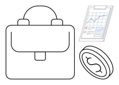 Evrak çantası, grafikli mali rapor ve iş, finans ve organizasyonu sembolize eden dolar para. Yönetim, başarı, yatırım, planlama kariyer büyüme danışmanlığı için ideal basit bir daire