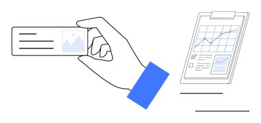 Veri grafikleri ve çizelgeleri olan bir panonun yanında el ele tutuşma kartı. Kimlik, analiz, yönetim, organizasyon, iş, belgeler, doğrulama için ideal. Basit düz metafor