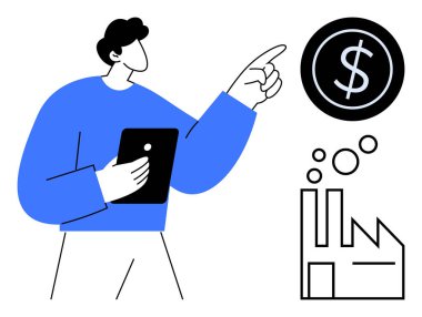 Fabrikanın üstündeki dolar işaretini gösteren bir tablet tutan kişi. Finans, işletme, imalat, yatırım, analiz, strateji ve ekonomi kavramlarının altını çizmek. Temiz düz metafor