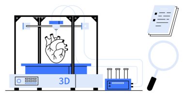 3D yazıcı kalp modeli, araştırma dosyaları, büyüteç, test tüpleri. Sağlık, yenilik, teknoloji, bilim araştırmaları ve biyoteknoloji için idealdir. Basit düz metafor