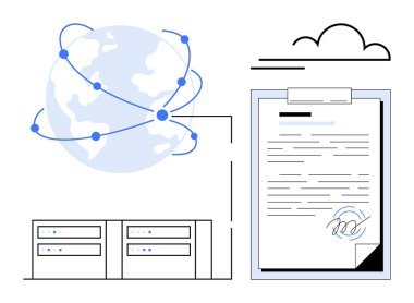 Veri bağlantıları olan dünya, bulut simgesi, elle imzalanmış dijital belge ve iki sunucu. Teknoloji, küreselleşme, bulut depolama, dijital sözleşmeler güvenli veri işleme bilişim sistemi için idealdir. Basit.