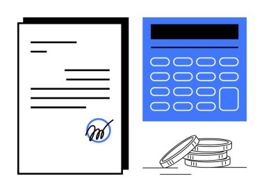 İmzalanmış belge, mavi hesap makinesi ve mali, bütçe ve muhasebeyi sembolize eden bozuk paralar. Kontrat yönetimi, vergi dosyalama, mali planlama, ödeme işlemleri için ideal