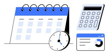 Spiral ciltli takvim, saat belirli bir zaman, hesap makinesi ve veri analiz penceresi için ayarlandı. Planlama, zaman yönetimi, üretkenlik, organizasyon, finans programlama ve analitik için ideal