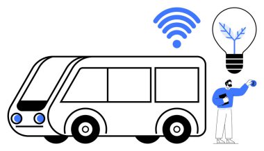 Kablosuz sinyalli elektrik otobüsü, yeşil enerjiyi sembolize eden çevre dostu ampul ve dünyayı tutan figür. Yenilik, teknoloji, sürdürülebilirlik, ulaşım, akıllı şehirler, ekolojik çözümler için ideal
