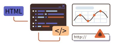 HTML kodlama ekranı, hata ayıklama uyarısı, bir tarayıcıdaki satır çizelgesi izleme metrikleri. Geliştirme, programlama, hata analizi, teknoloji, analitik, kullanıcı deneyimi için ideal basit düz metafor
