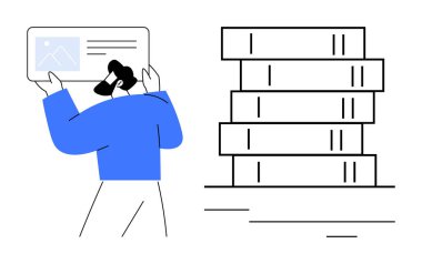 Dosya kutularının yanında görsel içeriği olan bir ekran tutan adam. Veri yönetimi, dijital organizasyon, bilgi depolama, teknoloji iş akışı, eğitim, içerik kürasyonu için ideal