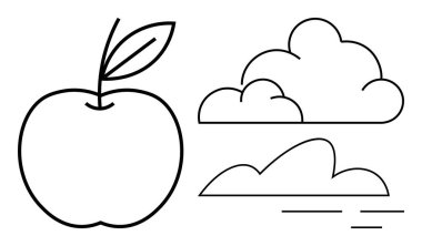 Basit çizgi sanatında iki bulut tasarımının yanında bir yaprak olan Apple taslağı. Doğa, sağlık, tarım, hava, eğitim, minimalizm, logo temaları için idealdir. Basit düz metafor