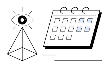 Geometrik piramit üzerindeki göz ve en küçük takvim ızgarası odak, strateji ve zaman yönetimini sembolize ediyor. Yenilik için ideal, öngörü, programlama, üretkenlik, planlama, organizasyon için basit daire