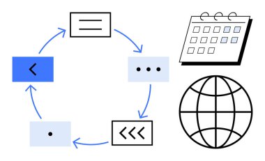 Kutuları birbirine bağlayan okları olan dairesel iş akışı, organizasyonu sembolize eden takvim ve küresel ulaşımı simgeleyen dünya. Proje yönetimi, planlama, strateji, iş akışı ve küresel işbirliği için ideal