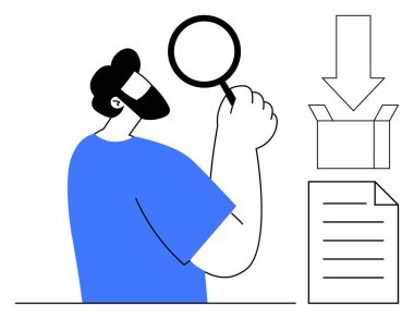 Büyüteçle inceleyen bir adam, bir kutunun, belgenin ve aşağı doğru okun yanında. Araştırma, analiz, teftiş, inceleme süreci, dağıtım veri işleme keşfi için ideal basit düz metafor