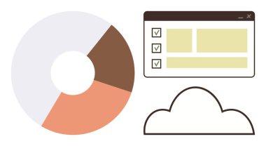 Donut grafiği veri dağılımını, kullanıcı arayüzü penceresi ile eşleştirilmiş kontrol listesi ve bulut grafiğini gösteriyor. Veri analizi, görev yönetimi, bulut depolama, iş araçları, raporlama ve takım çalışması için ideal
