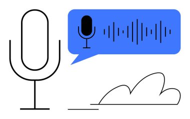 Ses kaydını, ses iletişimini, podcast 'i ve konuşma analizini sembolize eden konuşma balonunda mikrofon ve dalga formu. Teknoloji, yayın, ses araçları, yaratıcılık ve müzik için ideal