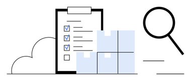 Listeli pano, istiflenmiş kutular, büyüteç ve bulut. Envanter, lojistik, organizasyon, denetim arama teslimatı ve depo operasyonları için ideal. Basit düz metafor