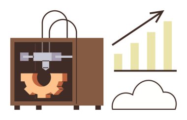3 boyutlu yazıcı yanında bulut sembolü ve büyüme grafiği olan bir cihaz üretiyor. Yenilik, teknoloji, üretkenlik, endüstri, üretim, ilerleme ve dijital gelişim için ideal. Basit düz
