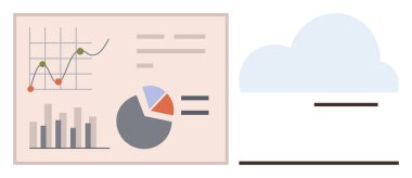 Bulut simgesinin yanındaki grafikler, pasta tablosu ve bar tablosu veri analizi, bulut hesaplaması, istatistik ve takım çalışmasını temsil ediyor. İş, teknoloji, araştırma stratejisi, yenilik ve büyüme için ideal
