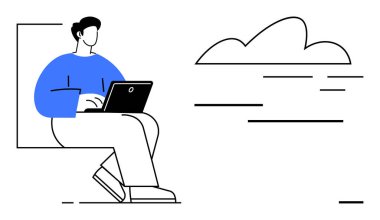 Bilgisayarla oturan kişi, arka planda soyut bulut. Uzaktan çalışma, bulut hesaplama, dijital göçebe, çevrimiçi öğrenme, serbest çalışma, minimalizm verimliliği için idealdir. Basit düz metafor