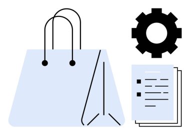 Ticaret, iş akışı ve yönetimle ilgili belge ve teçhizat dolu bir alışveriş çantası. E-ticaret, otomasyon, organizasyon, lojistik, strateji perakende yeniliği için ideal. En az düz metafor