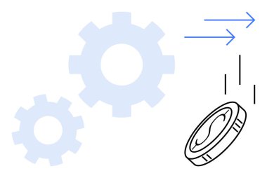 Para akışını gösteren bozuk para ve yön okları olan vites parçaları, verimliliği ve ekonomik faaliyetleri vurguluyor. Finans, yenilik, iş akışı, otomasyon, mühendislik, strateji için ideal