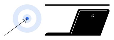 Hedefe ok atan hedef ve açık dizüstü bilgisayar odaklanma, hassasiyet ve dijital verimliliği temsil ediyor. Pazarlama, teknoloji, analitik, takım çalışması, uzaktan çalışma, başarı için ideal