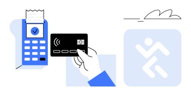 Bir okuyucunun yanında elinde bir kart tutuyor, hızlı ve güvenli işlemleri sembolize ediyor. Finans, teknoloji, alışveriş, ödeme, güvenlik ve modern yaşam tarzı için ideal. Basit düz metafor