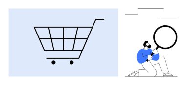 Analiz, araştırma ve online alışverişi temsil eden, elinde büyüteç olan bir adamın alışveriş arabası sembolü. E-ticaret, tüketici davranışı, veri analizi, piyasa araştırması, kalite