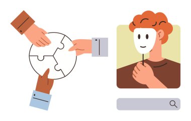 Ellerin yapboz parçalarını birleştirmesi ve maske tutan kişinin işbirliği, bağlantı ve kimliği vurgulaması. Takım çalışması için ideal, özgünlük, anonimlik, problem çözme, çevrimiçi etkileşim, sosyal