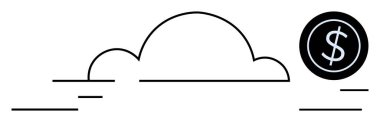 İnce yatay çizgileri olan siyah bulut grafiği ve sağında bir dolar para. Finans, teknoloji, bulut hizmetleri, dijital ekonomi, yatırım, çevrimiçi işlemler için ideal, basit düz metafor
