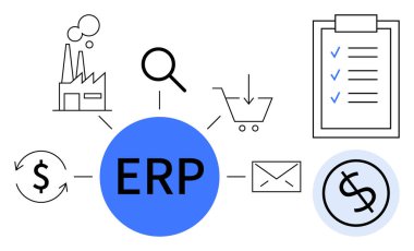 ERP sistemi, imalat, finans, kontrol listesi, e-posta, alışveriş arabası ve analiz büyüteçleri için ikonları birleştiren mavi bir merkezi düğüm tarafından temsil edilir. İş yönetimi ve kaynak planlaması için ideal