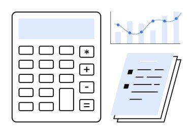 Belgelerin yanında hesap makinesi ve çizgi çizelgesi olan bir çubuk grafiği. Muhasebe, bütçe, finans, veri analizi, planlama, ekonomik rapor, iş araçları için ideal. Basit düz metafor
